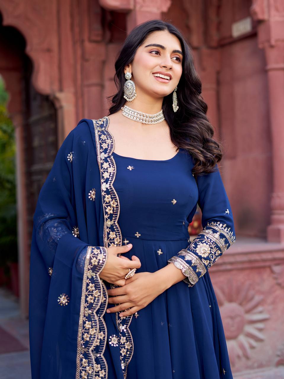 Premium Georgette Gown with Pant and Thread Work Dupatta