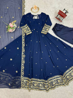 Premium Georgette Gown with Pant and Thread Work Dupatta