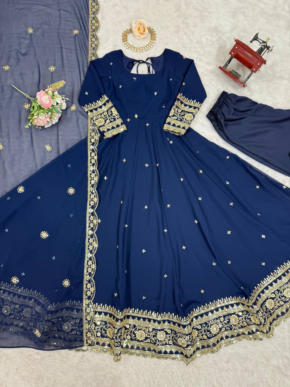 Premium Georgette Gown with Pant and Thread Work Dupatta
