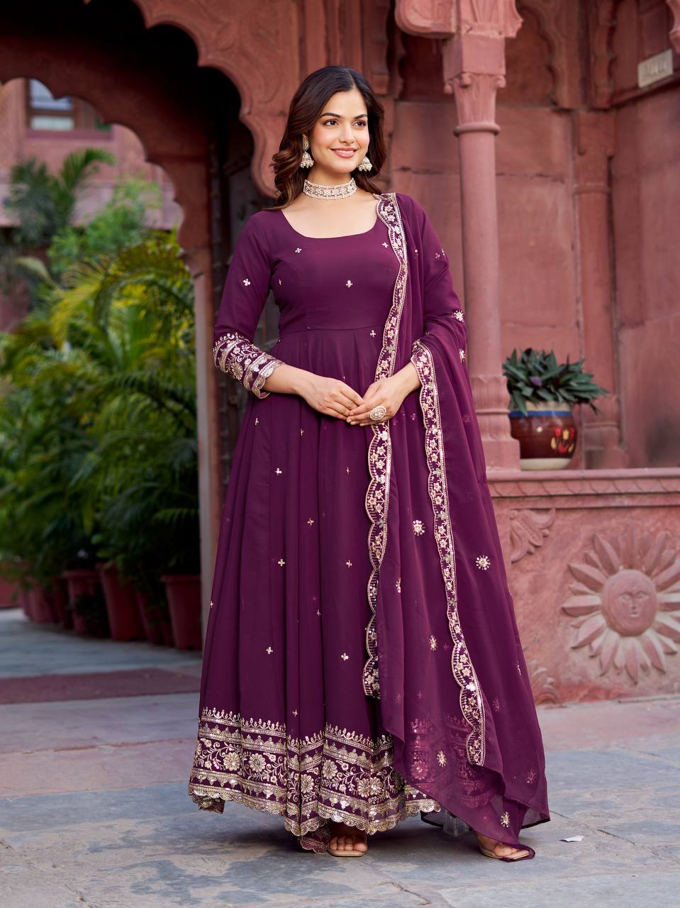 Premium Georgette Gown with Pant and Thread Work Dupatta
