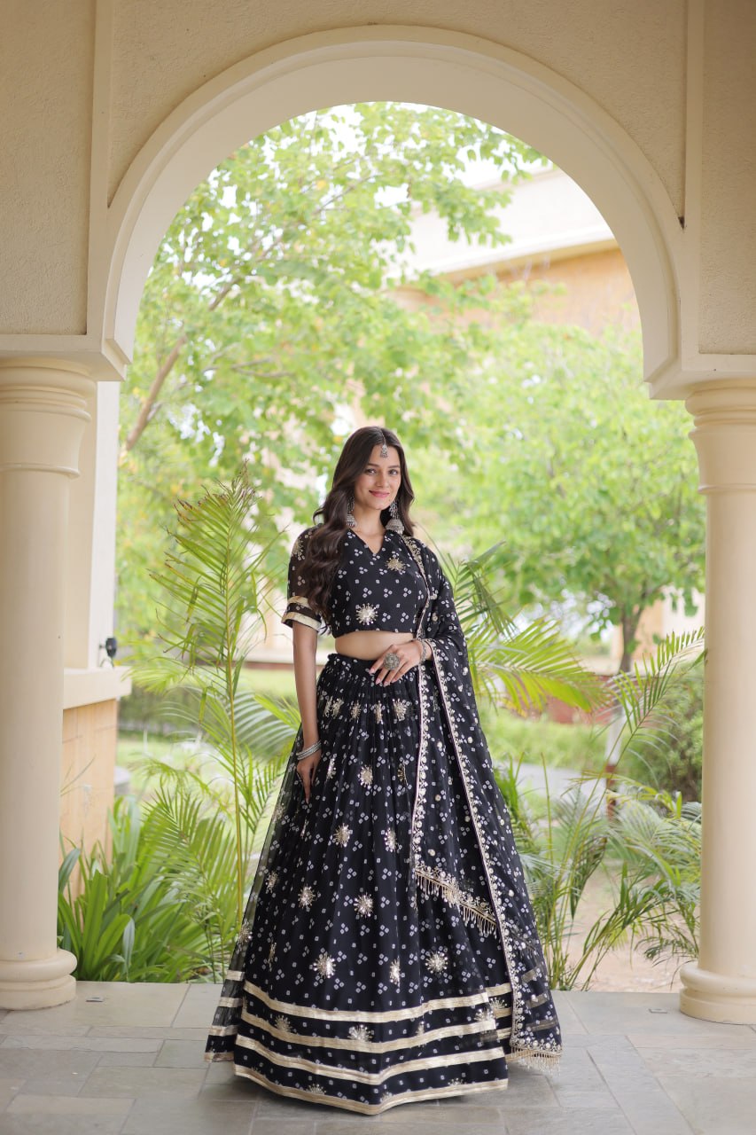 Maithili Faux Georgette Bandhej Print Zari & Sequins Embroidered Lehenga Set