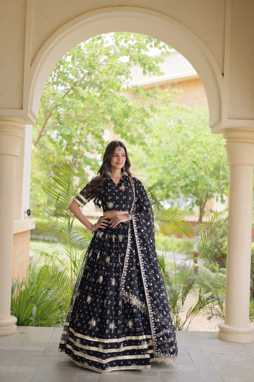 Maithili Faux Georgette Bandhej Print Zari & Sequins Embroidered Lehenga Set