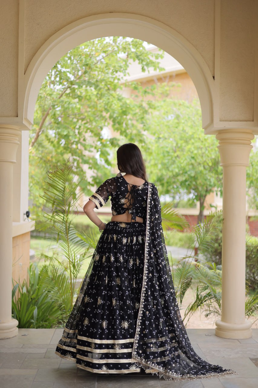 Maithili Faux Georgette Bandhej Print Zari & Sequins Embroidered Lehenga Set
