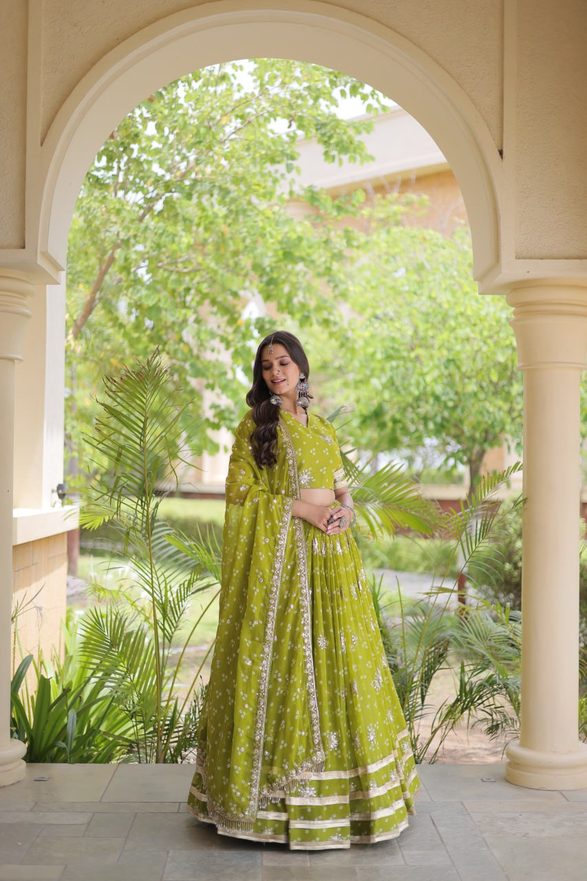 Maithili Faux Georgette Bandhej Print Zari & Sequins Embroidered Lehenga Set