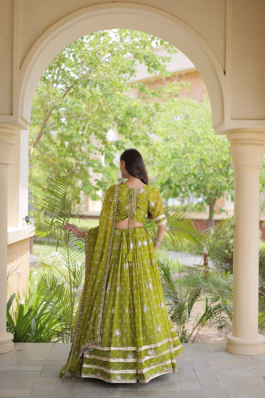 Maithili Faux Georgette Bandhej Print Zari & Sequins Embroidered Lehenga Set