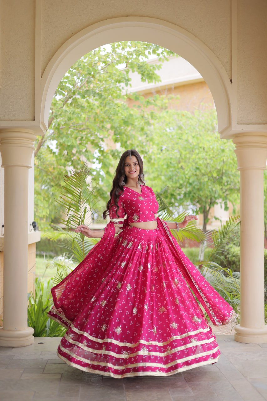 Maithili Faux Georgette Bandhej Print Zari & Sequins Embroidered Lehenga Set