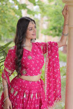 Maithili Faux Georgette Bandhej Print Zari & Sequins Embroidered Lehenga Set