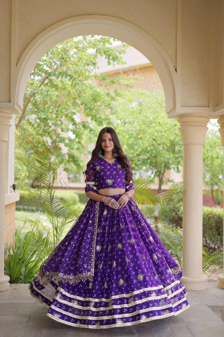 Maithili Faux Georgette Bandhej Print Zari & Sequins Embroidered Lehenga Set
