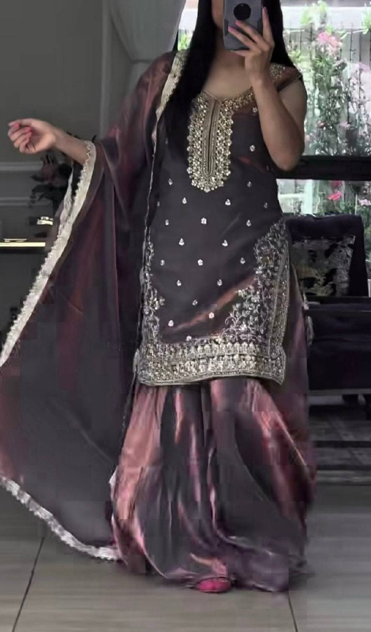 Heavy Fandy Silk Sharara Palazzo Set with 5mm Sequence Embroidery Work