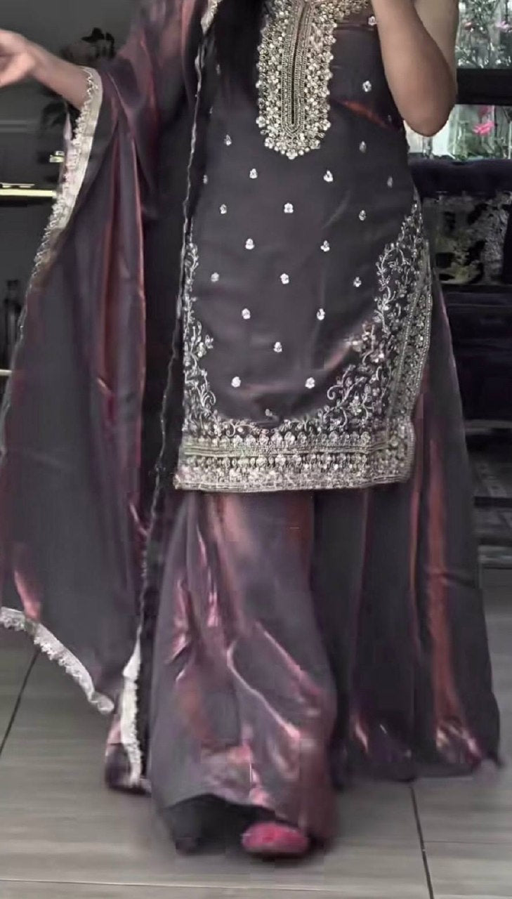 Heavy Fandy Silk Sharara Palazzo Set with 5mm Sequence Embroidery Work