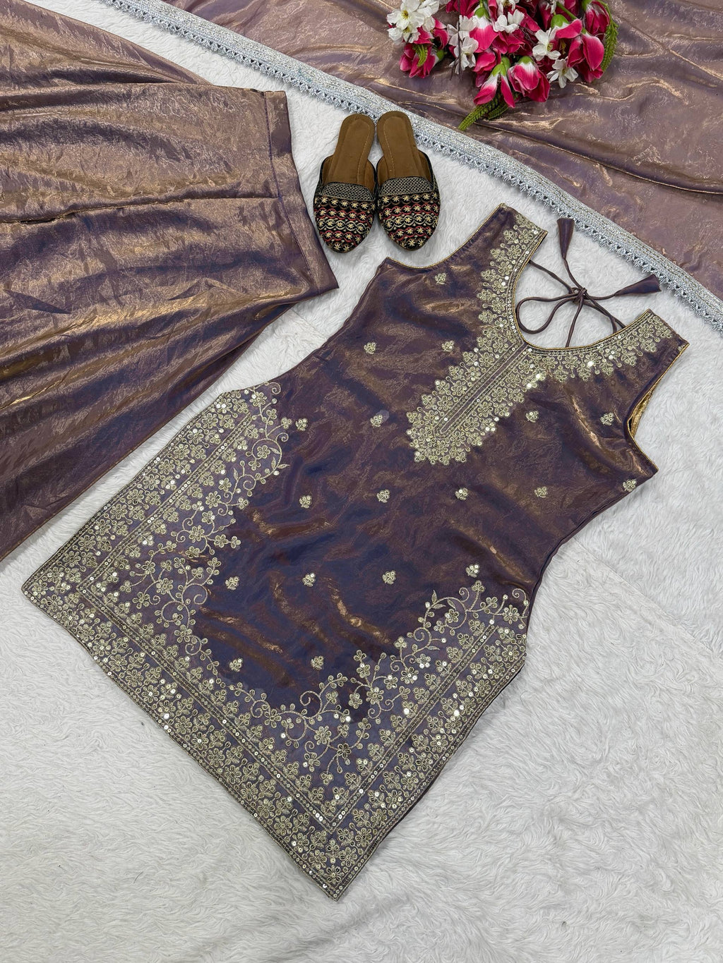 Heavy Fandy Silk Sharara Palazzo Set with 5mm Sequence Embroidery Work
