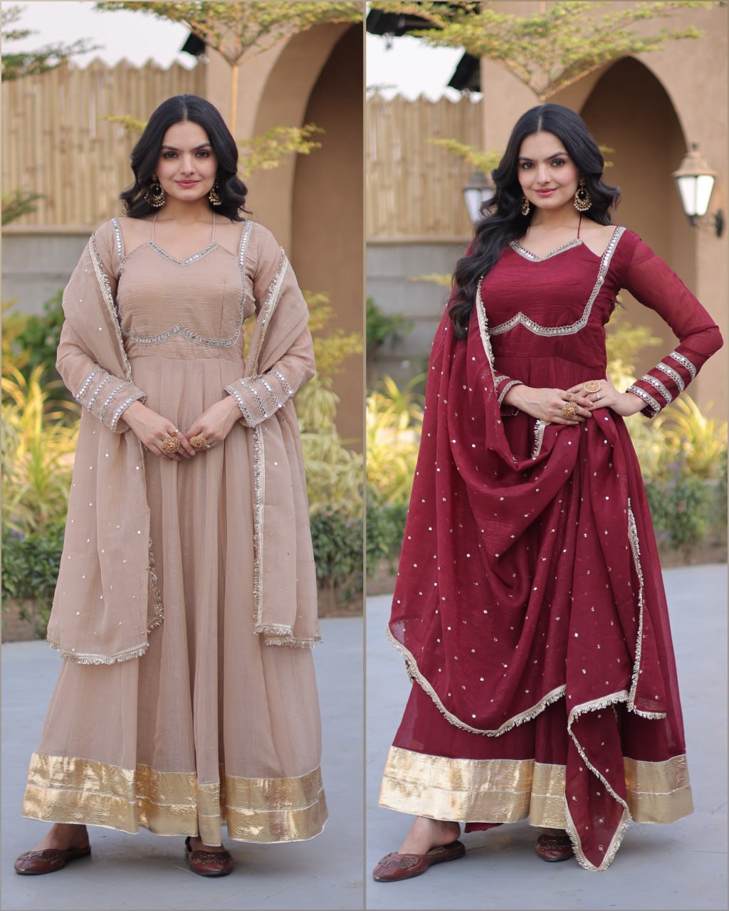 Women's Silver Crunchy Mirror Lace Kali Gown with Dupatta Full Sleeve Party Wear Anarkali Dress