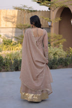 Women's Silver Crunchy Mirror Lace Kali Gown with Dupatta Full Sleeve Party Wear Anarkali Dress