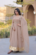 Women's Silver Crunchy Mirror Lace Kali Gown with Dupatta Full Sleeve Party Wear Anarkali Dress