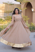 Women's Silver Crunchy Mirror Lace Kali Gown with Dupatta Full Sleeve Party Wear Anarkali Dress