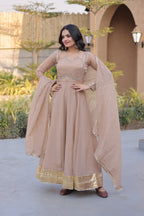Women's Silver Crunchy Mirror Lace Kali Gown with Dupatta Full Sleeve Party Wear Anarkali Dress