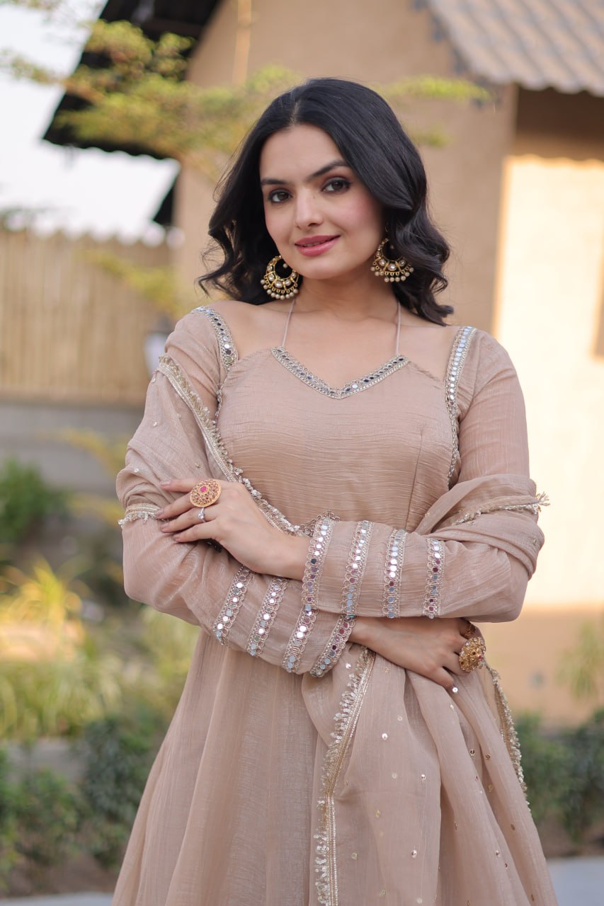Women's Silver Crunchy Mirror Lace Kali Gown with Dupatta Full Sleeve Party Wear Anarkali Dress