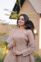 Women's Silver Crunchy Mirror Lace Kali Gown with Dupatta Full Sleeve Party Wear Anarkali Dress