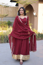 Women's Silver Crunchy Mirror Lace Kali Gown with Dupatta Full Sleeve Party Wear Anarkali Dress