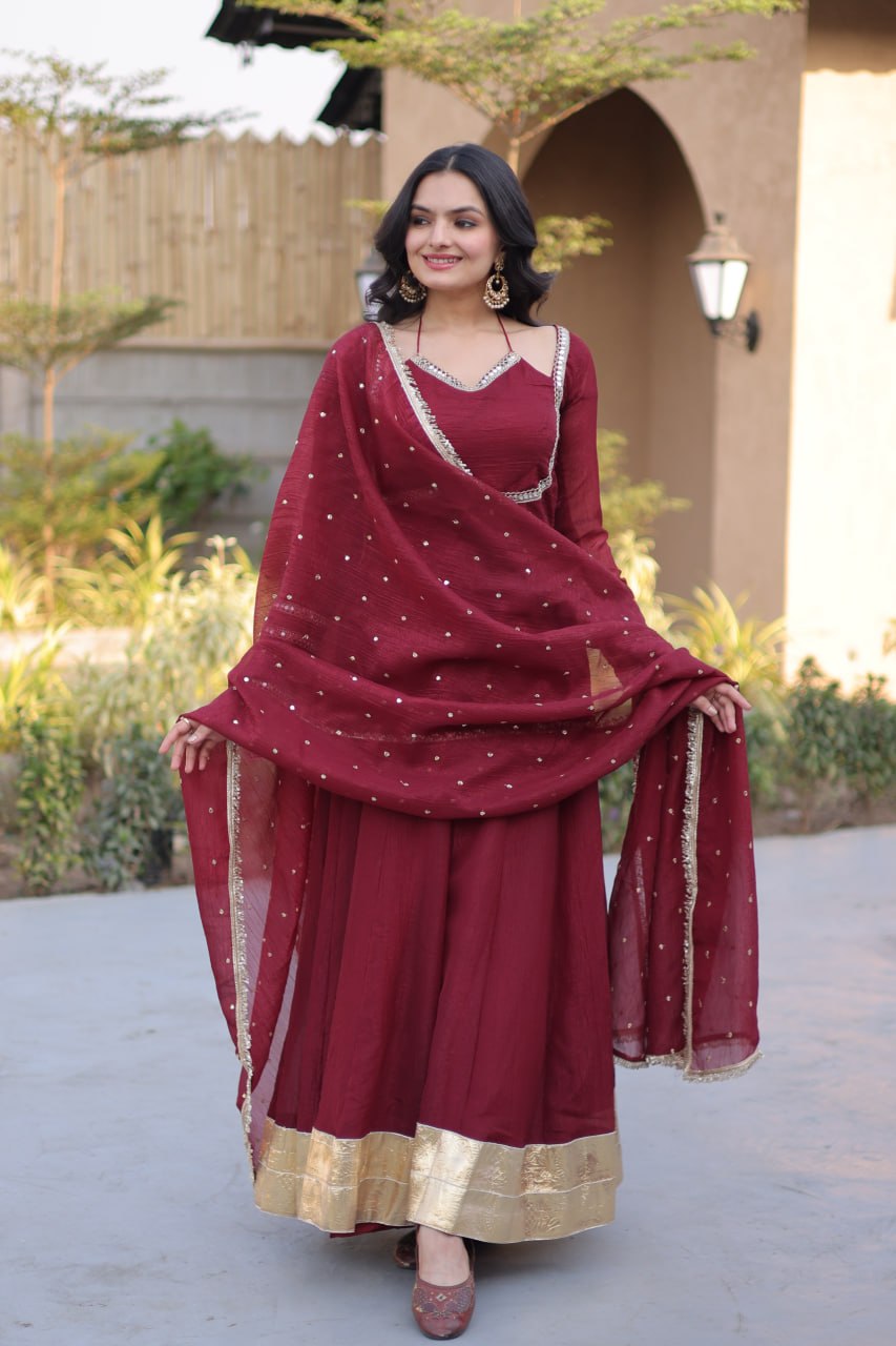 Women's Silver Crunchy Mirror Lace Kali Gown with Dupatta Full Sleeve Party Wear Anarkali Dress