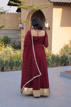 Women's Silver Crunchy Mirror Lace Kali Gown with Dupatta Full Sleeve Party Wear Anarkali Dress