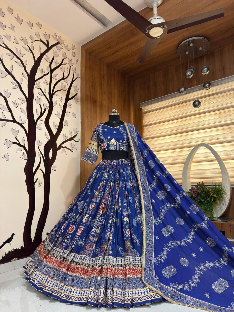 Iraaya Digital Print & Mirror Work Muslin Cotton Lehenga Choli Set for Navratri