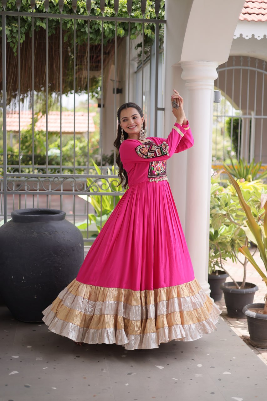 Vaidehi Rayon Kutchi Gamthi Thread Work Gown