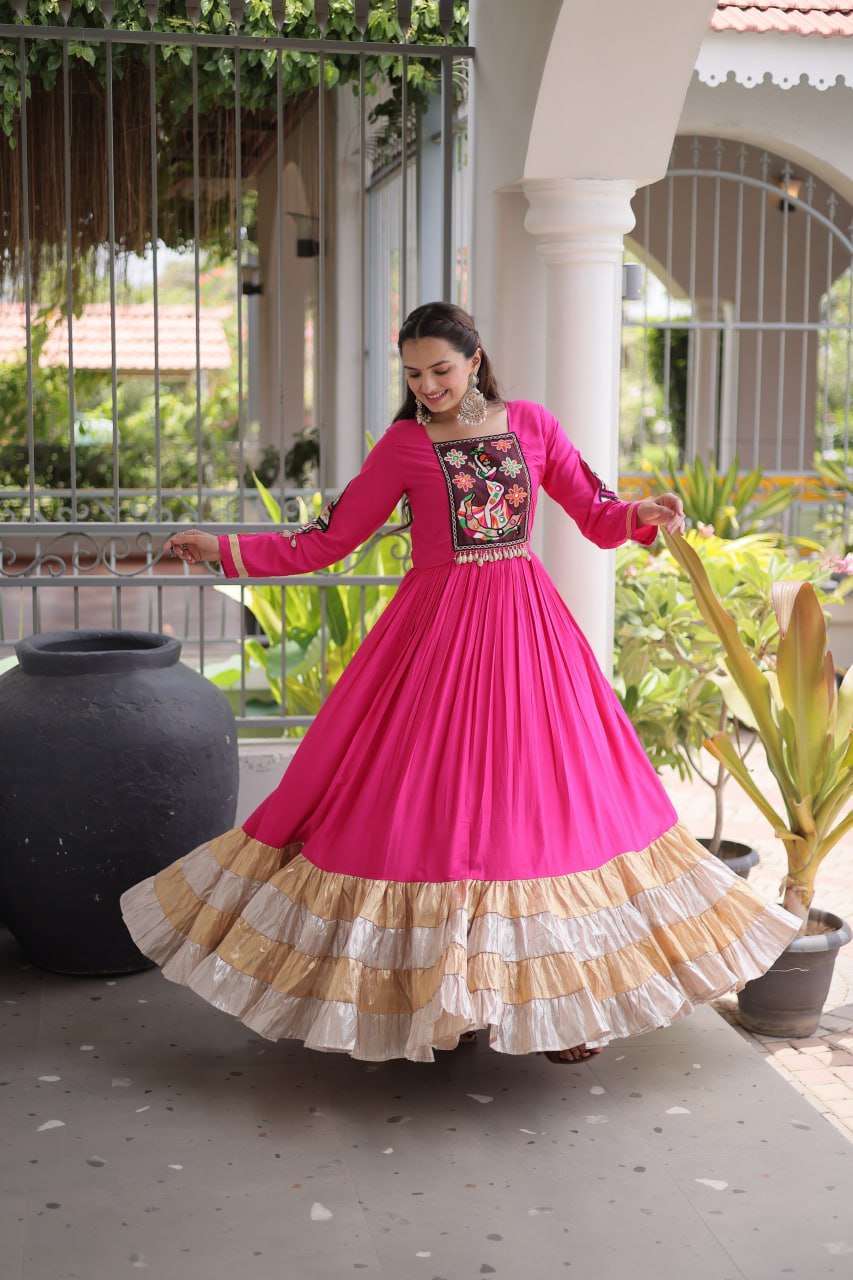 Vaidehi Rayon Kutchi Gamthi Thread Work Gown