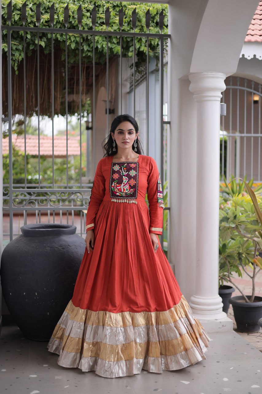 Vaidehi Rayon Kutchi Gamthi Thread Work Gown