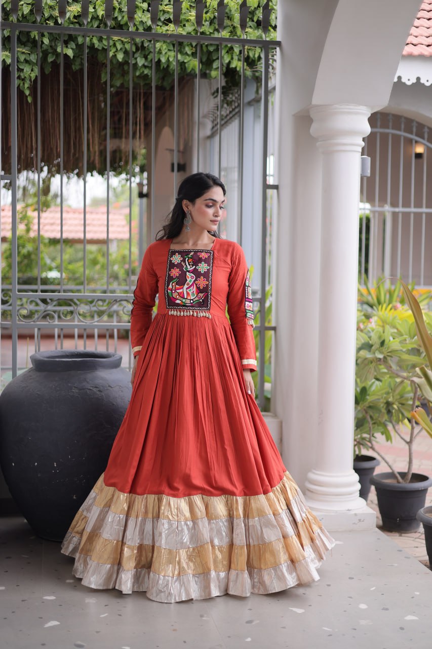 Vaidehi Rayon Kutchi Gamthi Thread Work Gown