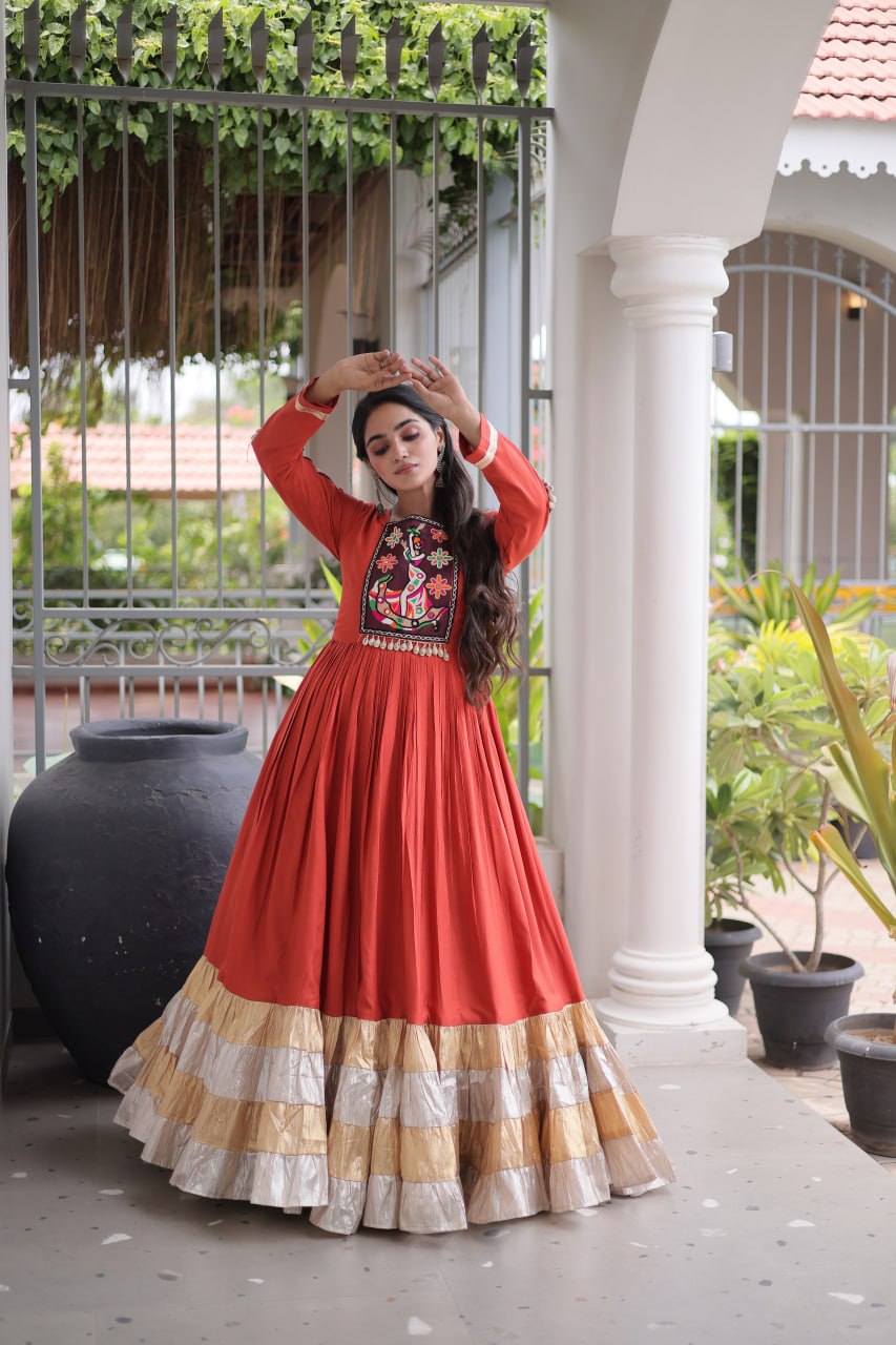 Vaidehi Rayon Kutchi Gamthi Thread Work Gown