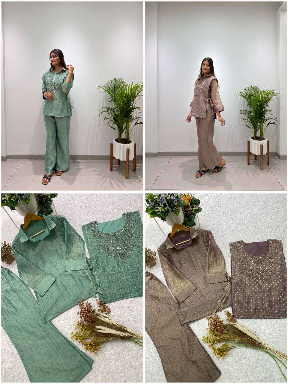 Myesha Salsa Silk Boutique Shirt Pant Set with Handwork Shrug