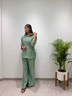 Myesha Salsa Silk Boutique Shirt Pant Set with Handwork Shrug