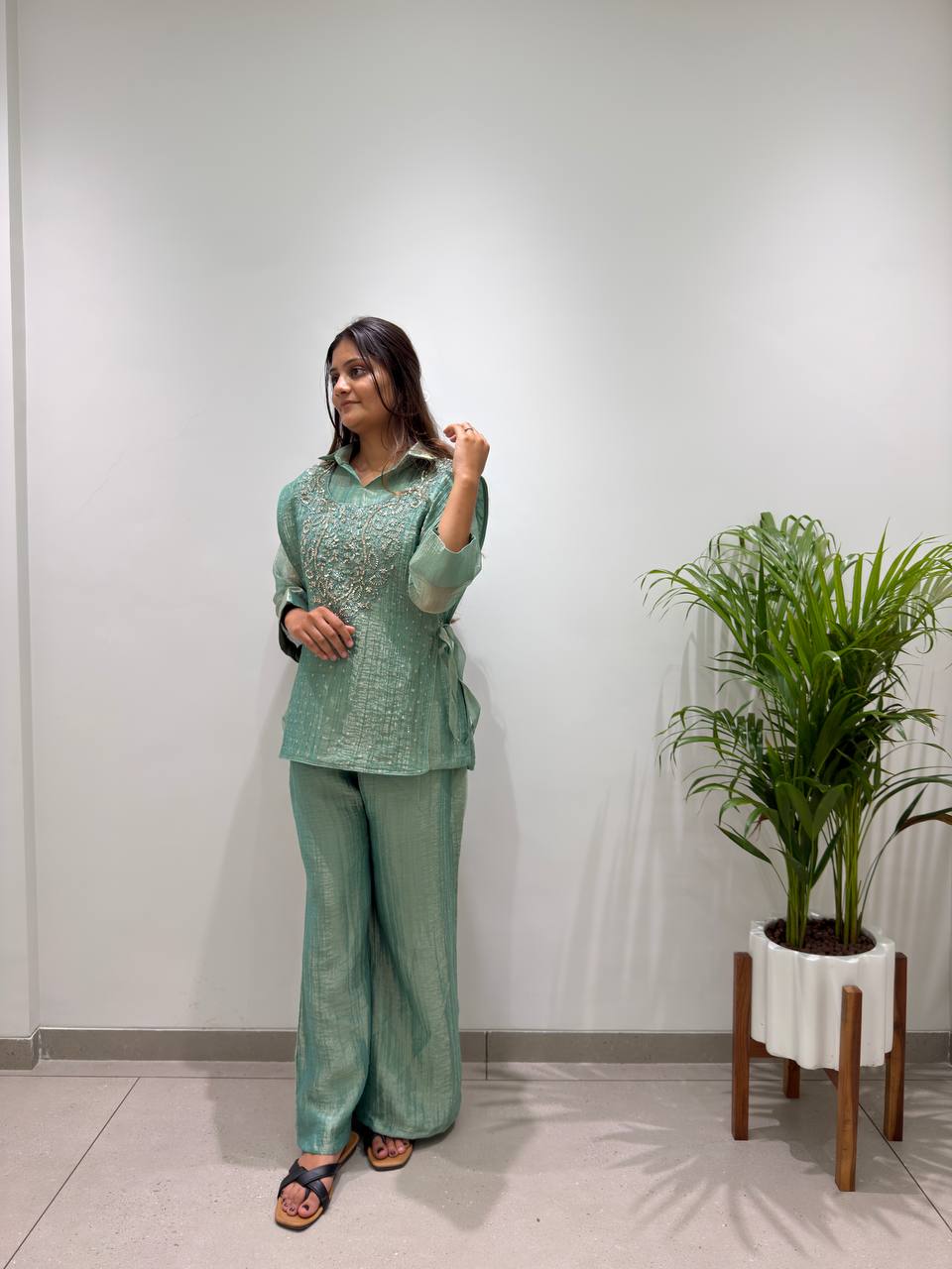 Myesha Salsa Silk Boutique Shirt Pant Set with Handwork Shrug