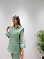 Myesha Salsa Silk Boutique Shirt Pant Set with Handwork Shrug