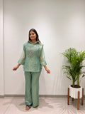 Myesha Salsa Silk Boutique Shirt Pant Set with Handwork Shrug