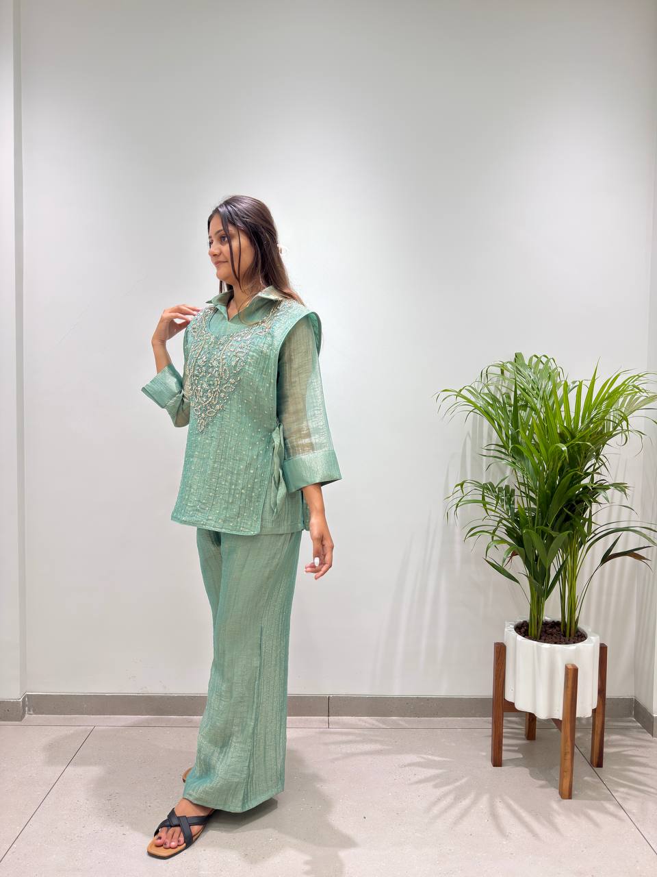Myesha Salsa Silk Boutique Shirt Pant Set with Handwork Shrug