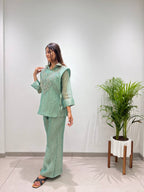 Myesha Salsa Silk Boutique Shirt Pant Set with Handwork Shrug