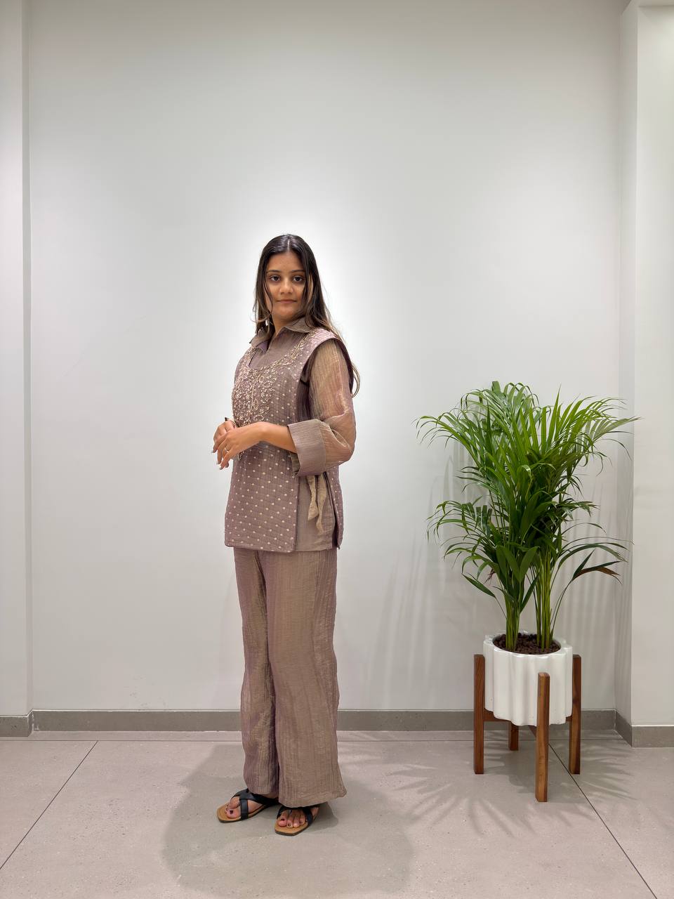 Myesha Salsa Silk Boutique Shirt Pant Set with Handwork Shrug