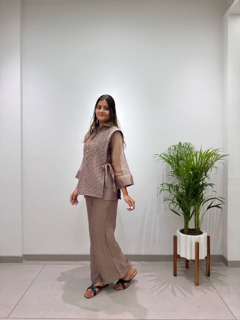 Myesha Salsa Silk Boutique Shirt Pant Set with Handwork Shrug