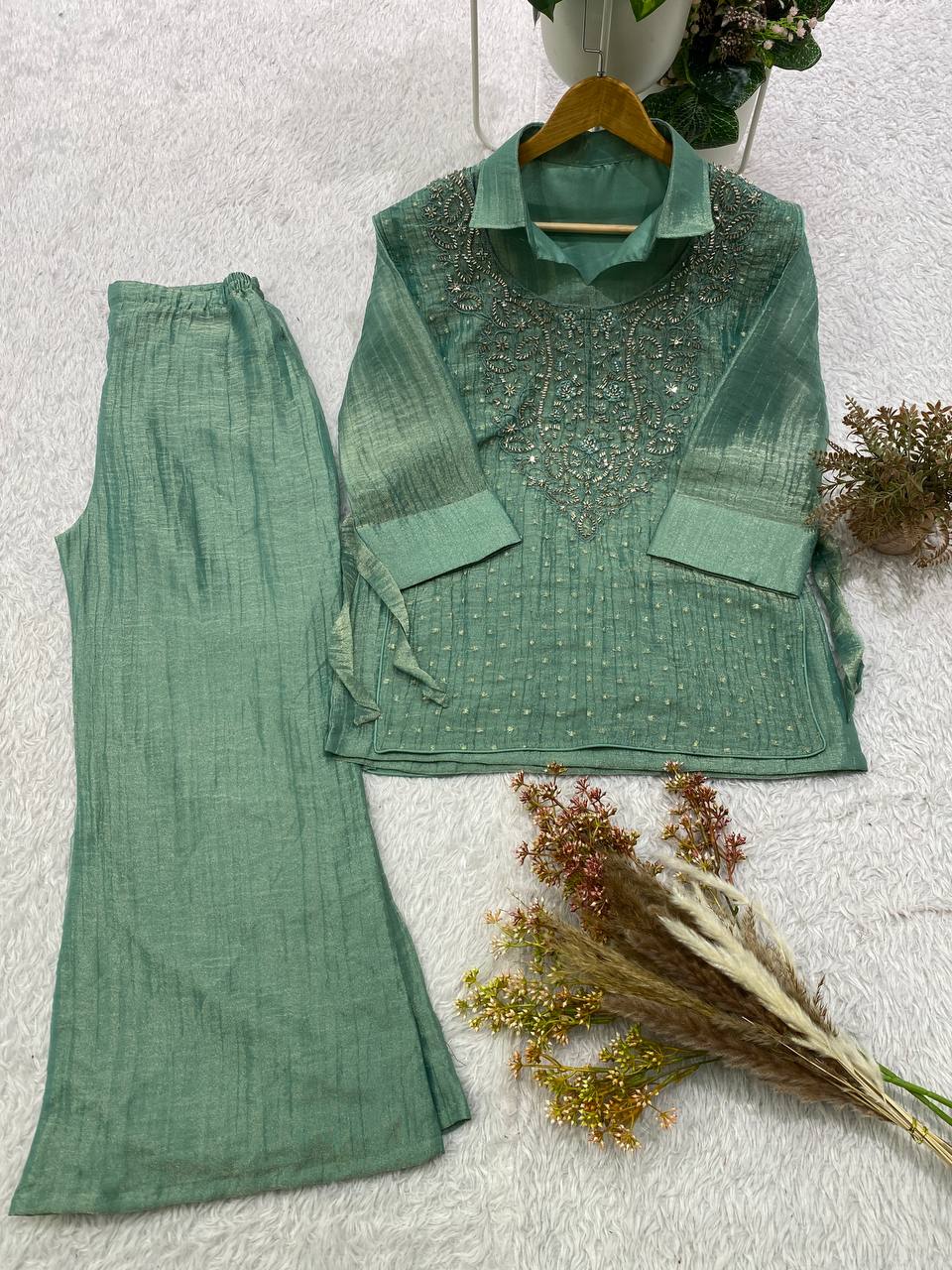 Myesha Salsa Silk Boutique Shirt Pant Set with Handwork Shrug