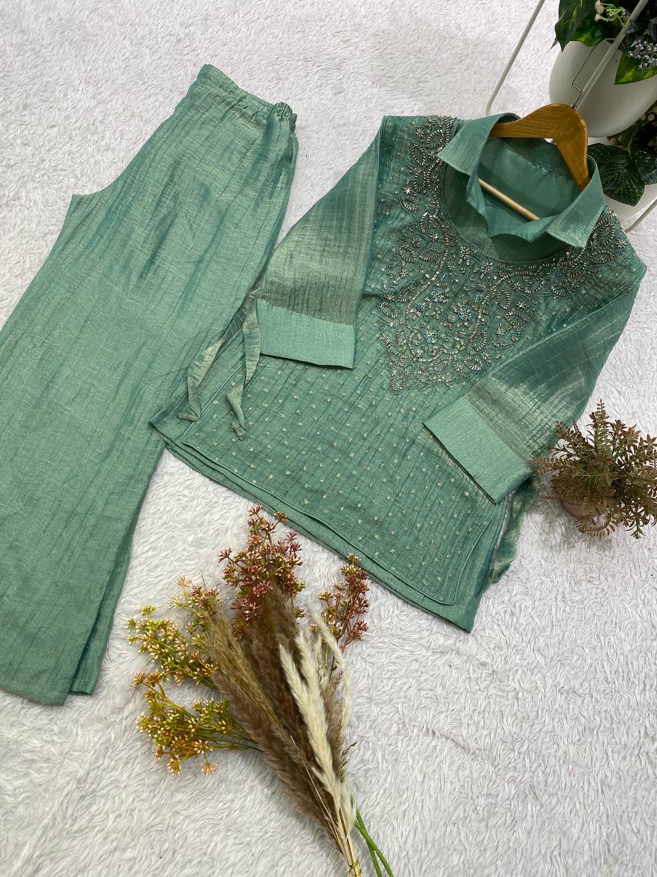 Myesha Salsa Silk Boutique Shirt Pant Set with Handwork Shrug