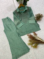 Myesha Salsa Silk Boutique Shirt Pant Set with Handwork Shrug