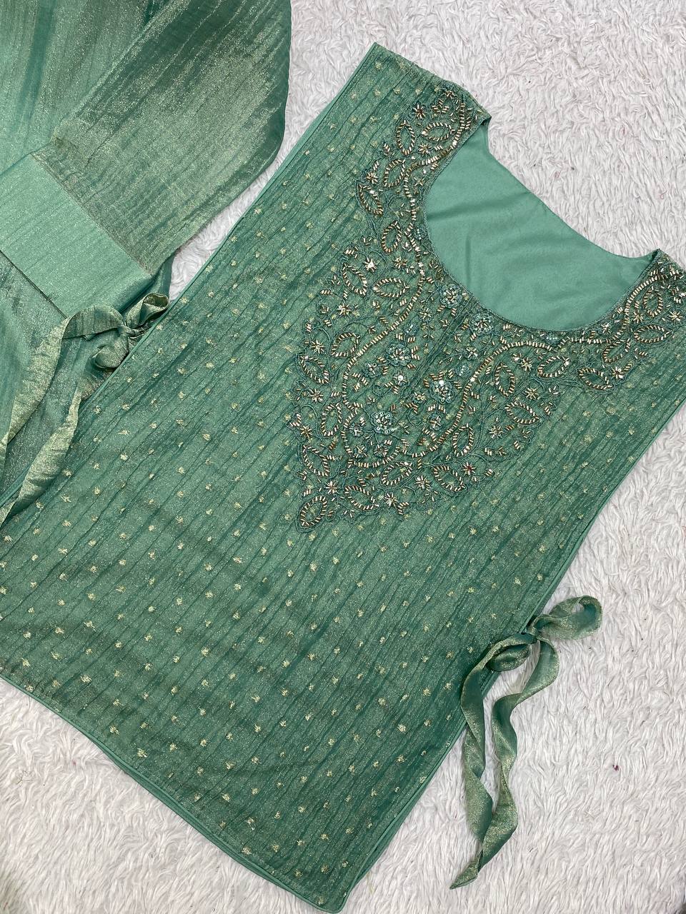 Myesha Salsa Silk Boutique Shirt Pant Set with Handwork Shrug