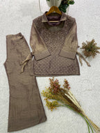 Myesha Salsa Silk Boutique Shirt Pant Set with Handwork Shrug