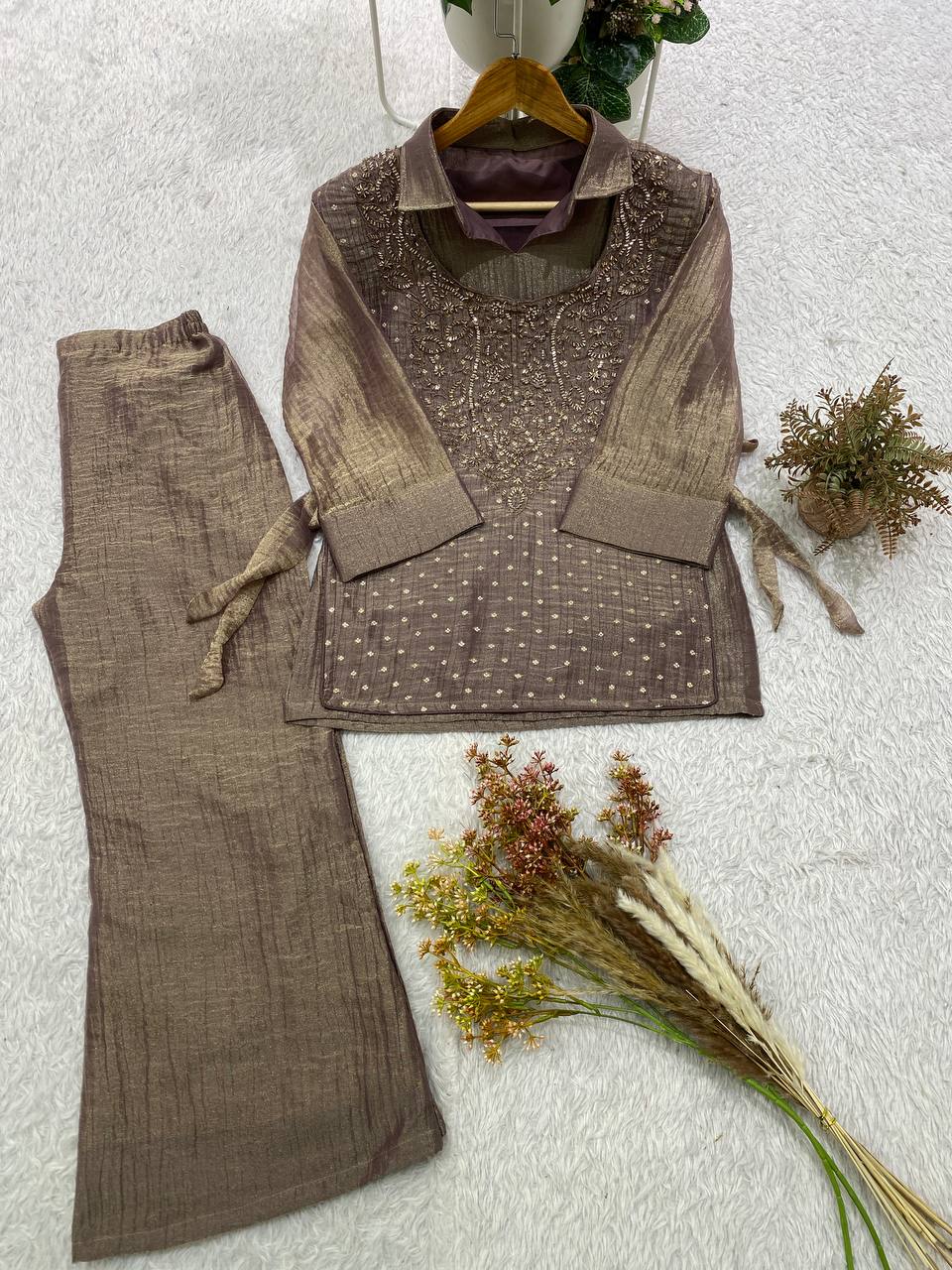 Myesha Salsa Silk Boutique Shirt Pant Set with Handwork Shrug