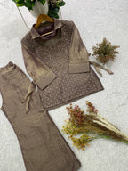 Myesha Salsa Silk Boutique Shirt Pant Set with Handwork Shrug