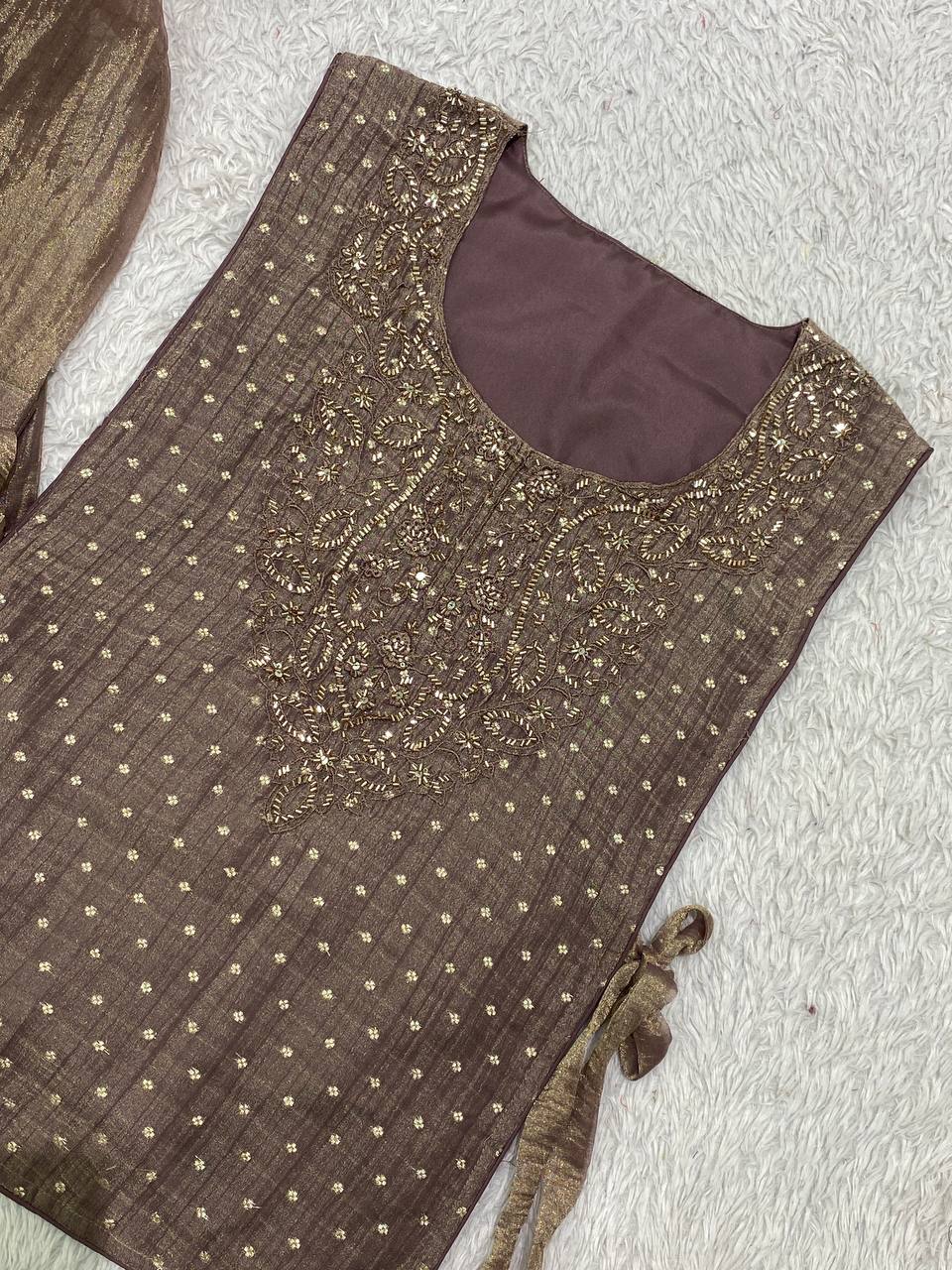 Myesha Salsa Silk Boutique Shirt Pant Set with Handwork Shrug