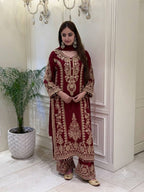 Premium Heavy Faux Georgette Embroidered Plazzo Suit for Women with Intricate Sequin Work, Full Sleeve Top, Lace Border Bottom & Designer Dupatta