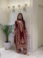 Premium Heavy Faux Georgette Embroidered Plazzo Suit for Women with Intricate Sequin Work, Full Sleeve Top, Lace Border Bottom & Designer Dupatta